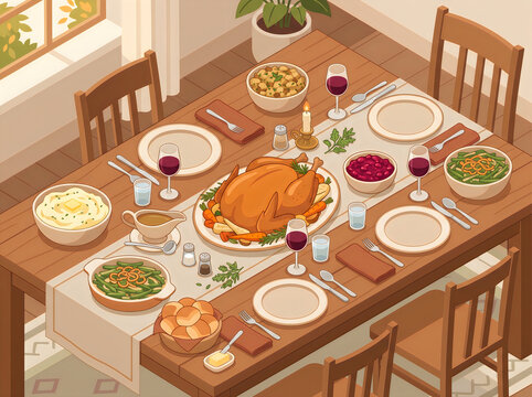 Turkey dinner spread on table top-down view isometric illustration