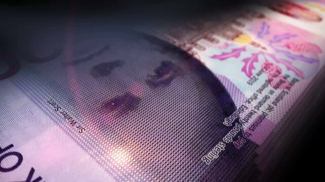 Scotland pound sterling Scottish money counting. Scotch 20 GBP banknotes. Fast cash note count macro loop. Business, finance and economy. Loopable and seamless concept.