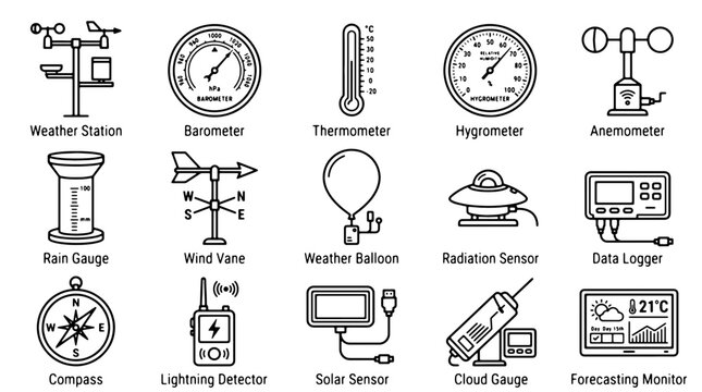 Weather station icons set, 15 meteorological measurement tools, black outline scientific instrument vectors for climate monitoring