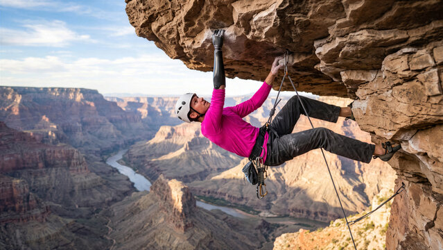 Adaptive paraclimber with prosthetic arm hanging from cliff roof overhang