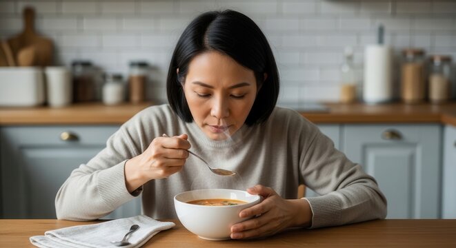 A woman thoughtfully enjoying a warm bowl of creamy soup in a cozy modern kitchen with soft lighting and a serene domestic atmosphere.