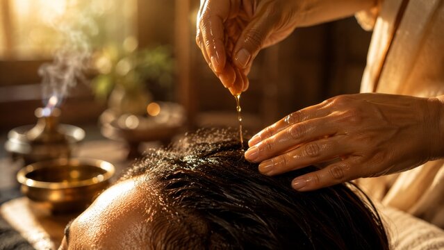 Therapist pouring warm herbal oil on client forehead during traditional Ayurvedic Shirodhara massage treatment