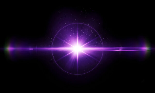 Vibrant purple lens flare radiating bright light rays and glowing particles against deep black background creating intense abstract visual energy