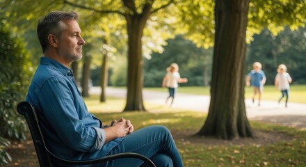 Fototapeta premium A contemplative man sitting alone on a park bench in a serene tree-lined park during a bright sunny day, observing joggers in the background with a peaceful and relaxed demeanor, evoking calmness.