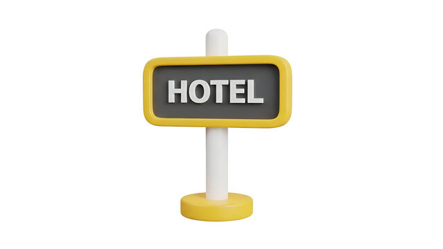 Yellow hotel sign on pole for travel and navigation 3d render icon