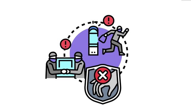 Anti theft warning concept different forms of crime prevention, data security, and digital privacy protection methods, involving a shield, a running thief, and cyber attackers