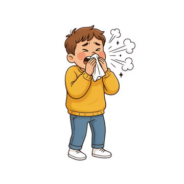 Young boy sneezing into tissue with visible air particles during a cold season concept isolated on transparent background