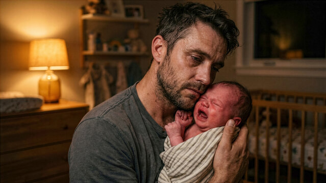 A tired father with stubble holding his crying newborn baby at night, dim warm nursery lamp light, authentic skin texture with sweat beads.