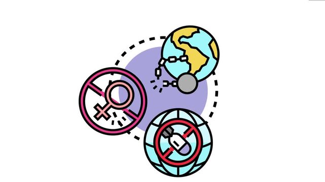 Anti tyranny resistance movement concept showing a globe with broken chains, a female gender symbol with a no entry sign, and a globe with a forbidden bomb