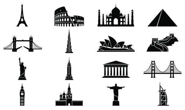 Famous World Landmarks Silhouette Icon Set Featuring Historic Architecture Monuments and Famous Travel Destinations for Global Tourism Graphic Designs