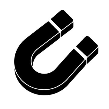 Isometric horseshoe magnet icon, black 3D magnetic symbol vector, industrial science magnet for physics education and marketing