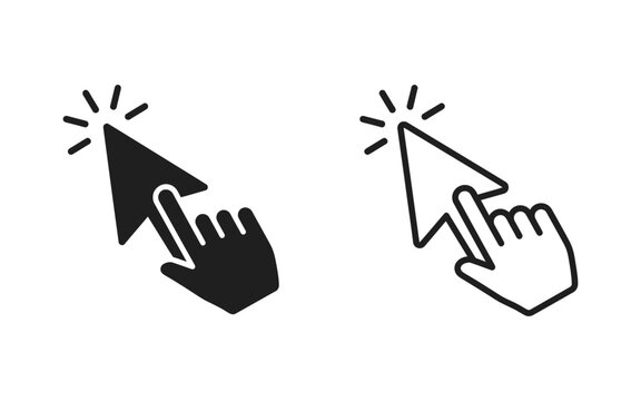 Cursor with pointing hand icon black and white line art versions