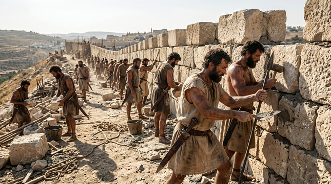 Nehemiahs men rebuilding the ruined walls of Jerusalem. Builders working tirelessly with a trowel in one hand and a sword in the other