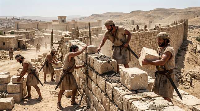 Nehemiahs men rebuilding the ruined walls of Jerusalem. Builders working tirelessly with a trowel in one hand and a sword in the other