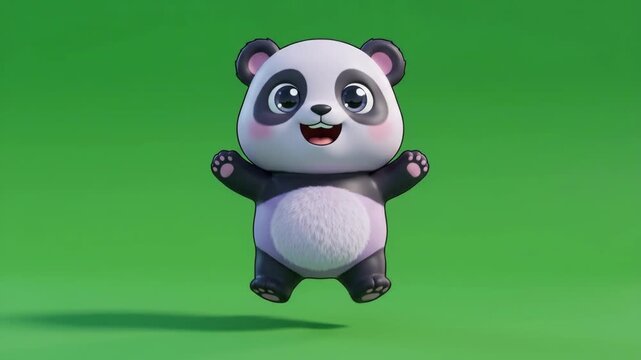 Adorable Cartoon Panda Character Jumping Joyfully Against a Vibrant Green Background, 3D Rendering for Children's Content and Branding
