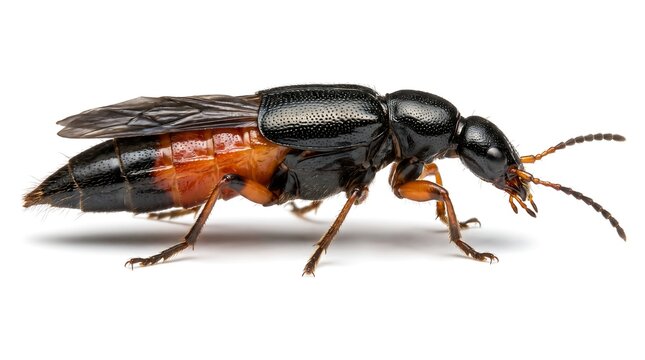 A side view of a rove beetle with black and orange coloring on a white background.