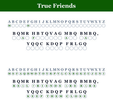 True Friends message with decoded letters in a visual guide  