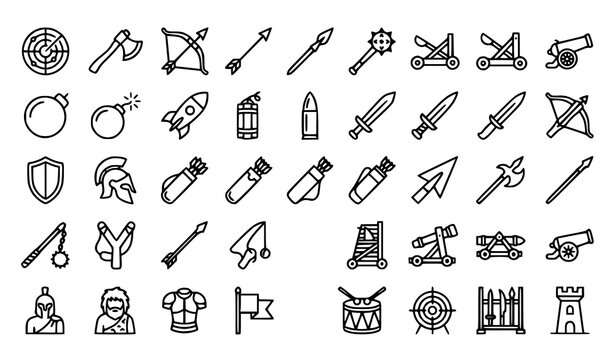 Weapon Battle Equipment Axe Bow Spear Cannon Historical Outline Vector Set