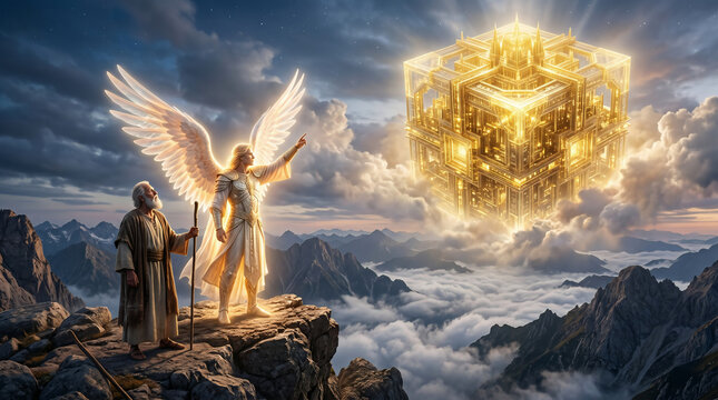 An angel showing the Apostle John the bride, the heavenly city of New Jerusalem, descending from a high mountain