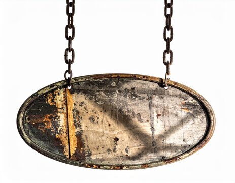 Old wooden hanging sign with rusty chains isolated on white background