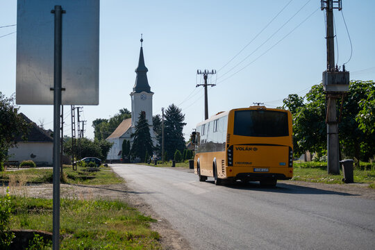 Yellow Vol&aacute;n Bus in Tunyogmatolcs Village Hungary
