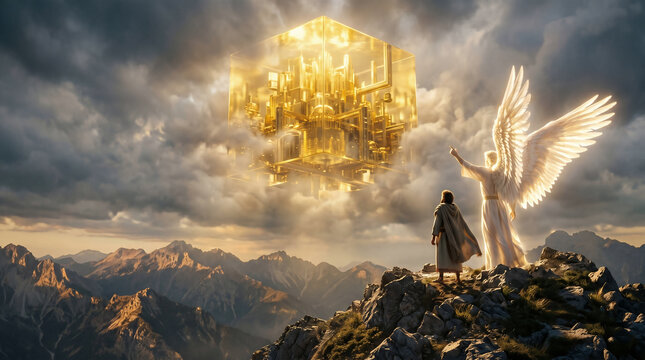 An angel showing the Apostle John the bride, the heavenly city of New Jerusalem, descending from a high mountain