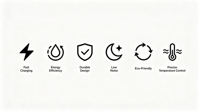 The minimalist black line home appliance attribute icon represents fast charging, low noise, energy-saving, and temperature control, suitable for the details page of minimalist wind appliances.
