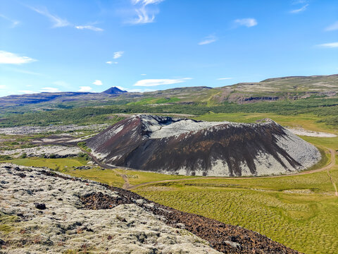 Grabrok Volcanic Crater View from Above in Iceland