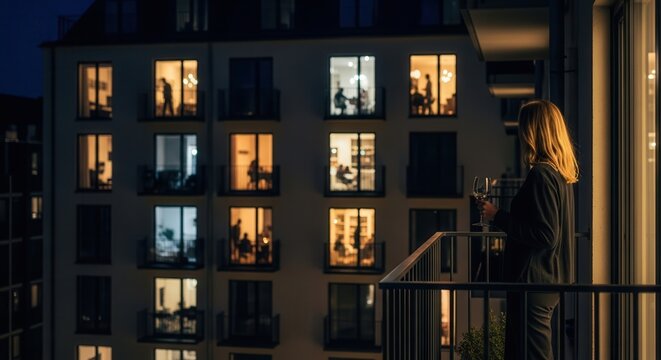 A contemplative woman in stylish casual attire sips wine on a modern balcony at dusk, gazing out over a multi-story apartment building with warmly lit windows creating an intimate evening ambiance.