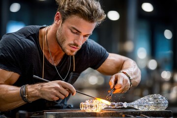 Obraz premium Glassblower Shaping Molten Glass in Workshop