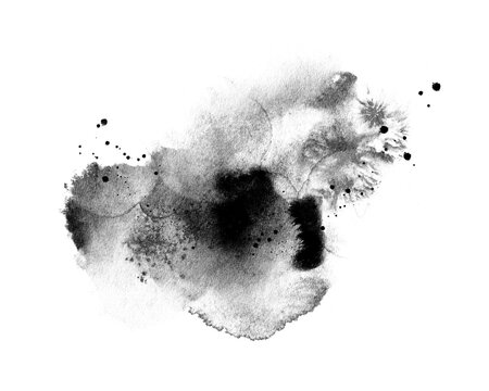 Abstract ink blob, grunge art. Black paint stroke texture in marble style. Wallpaper design. Hand drawn watercolor isolated illustration on transparent background