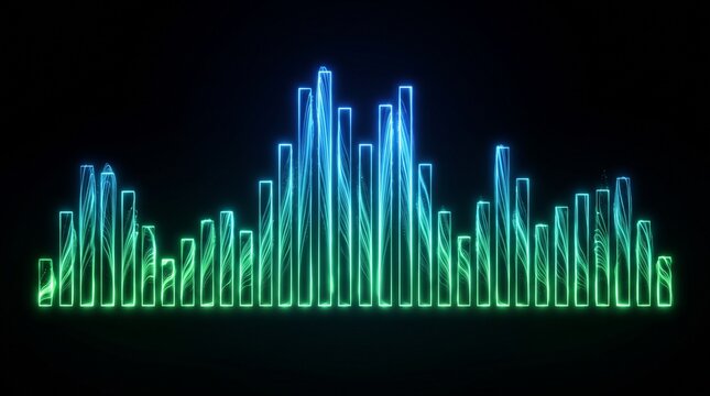 Neon blue sound wave equalizer bars glowing in dark futuristic audio visualization display
