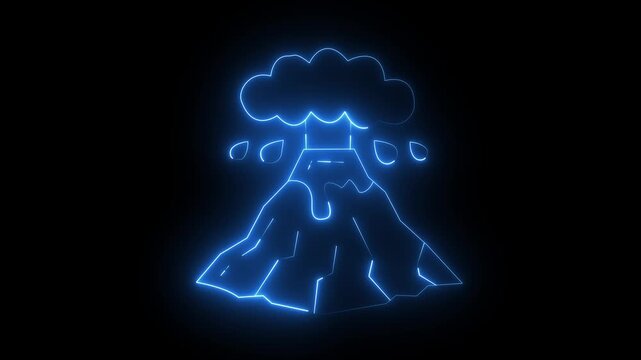 neon animation. Icon drawn on a black background. a volcano erupting lava and ash downhill. Template depicting world natural disasters