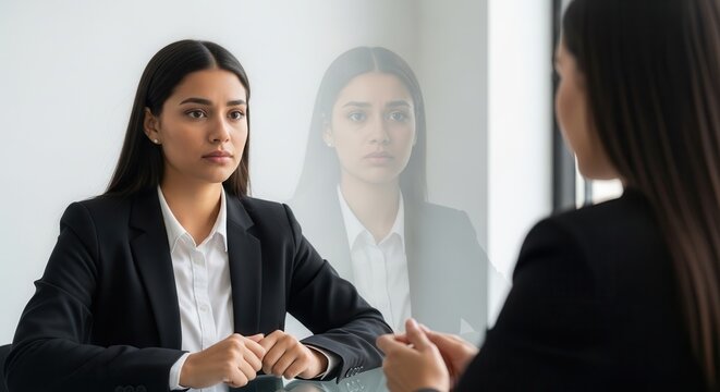 Professional businesswoman in formal black blazer and white blouse engaged in a serious handshake across a modern office meeting table with reflective glass windows and focused expressions.