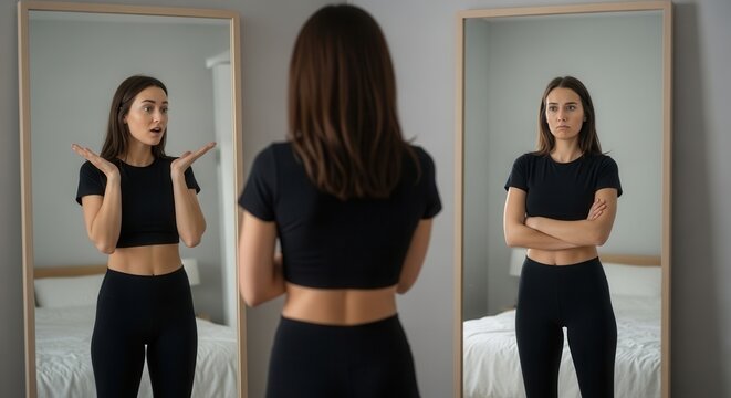 A young woman standing in front of large mirrors displaying contrasting body language with surprised and crossed-arm expressions in a minimalist bedroom setting.