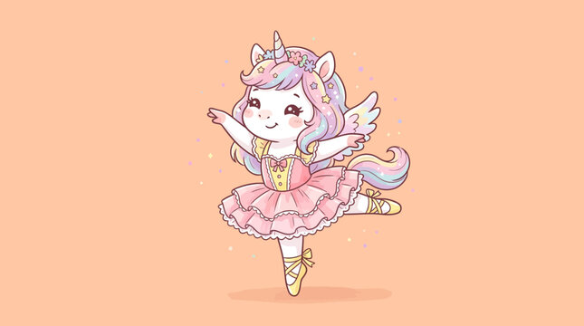 Cute pink unicorn ballerina dancing in tutu.