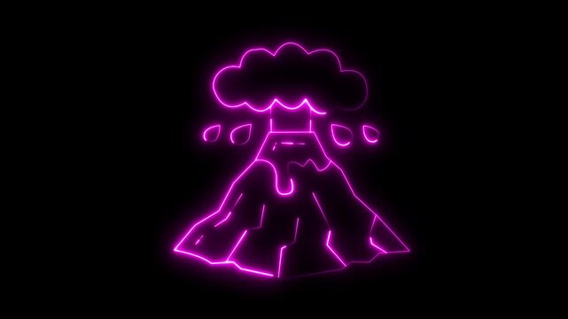 neon animation. Icon drawn on a black background. a volcano erupting lava and ash downhill. Template depicting world natural disasters