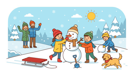 Children build a snowman with parents and dog in a snowy winter landscape with trees and sun
