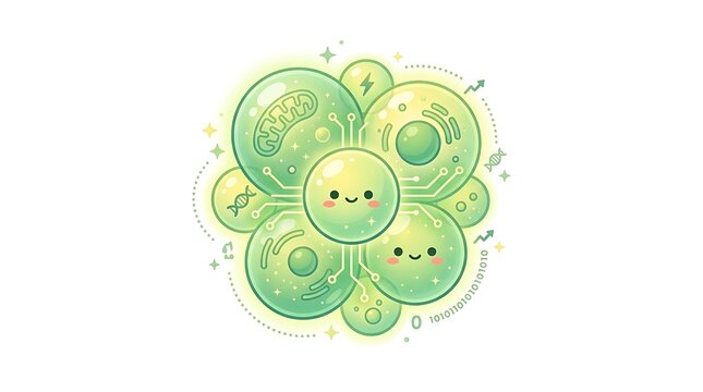 Cute Green Bio-Tech Cell Illustration with Digital Circuits