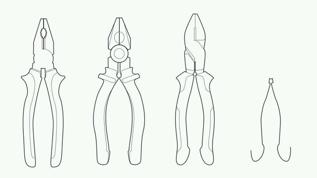 Animated collection of pliers silhouettes appearing and disappearing in a seamless loop. Minimal motion graphic featuring different types of pliers for repair, construction, workshop and industrial pr