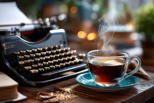 Steaming Coffee and Vintage Typewriter on Wooden Desk
