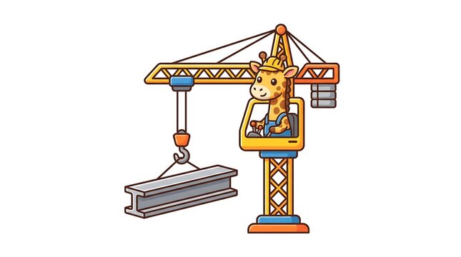 Cute giraffe construction worker crane operator animal illustration lifting steel beam