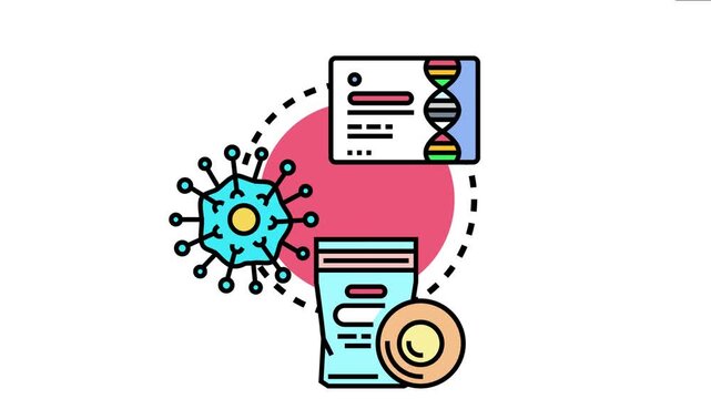 Antigen detection concept featuring a virus cell, a medical test kit showing a dna strand, and a petri dish, symbolizing healthcare, microbiology, and laboratory analysis