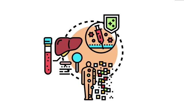 Antigen detection concept immunology with human body, liver organ, blood sample test tube, immune shield, and microscopic biological elements for disease diagnosis