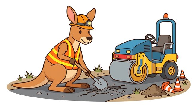 Kangaroo construction worker animal illustration fixing road with steamroller