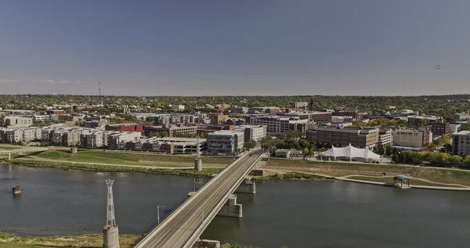 Dayton Ohio Aerial v3 low flyover along the Great Miami River, Riverside Drive and waterfront toward the downtown ballpark - Shot with Mavic 3 Pro Cine - Sept 21st 2023