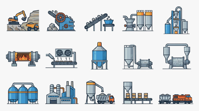 Elegant Illustrated Collection of Industrial Machinery and Mining Equipment in Vibrant Blues Oranges and Grays