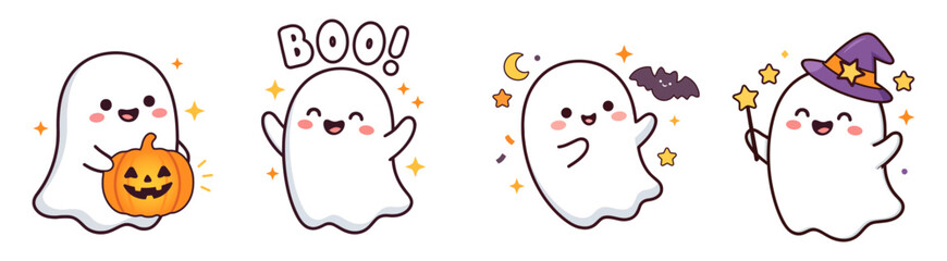 Naklejka premium Cute Kawaii Halloween Ghost Character Vector Set with Pumpkin and Magic Wand