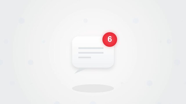Minimalist 3D render of a floating white message bubble icon with a red notification badge showing six unread alerts on a light background