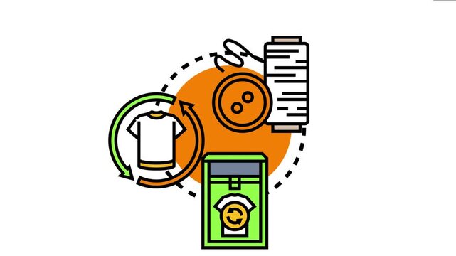 Sustainable fashion concept diagram featuring clothing recycling, donation, and repurposing processes with materials like buttons and thread for textile circularity